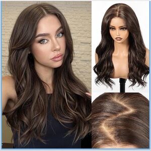 HD Lace Front Wig Synthetic 22 Inch Dark Brown Highlight Glueless Wig